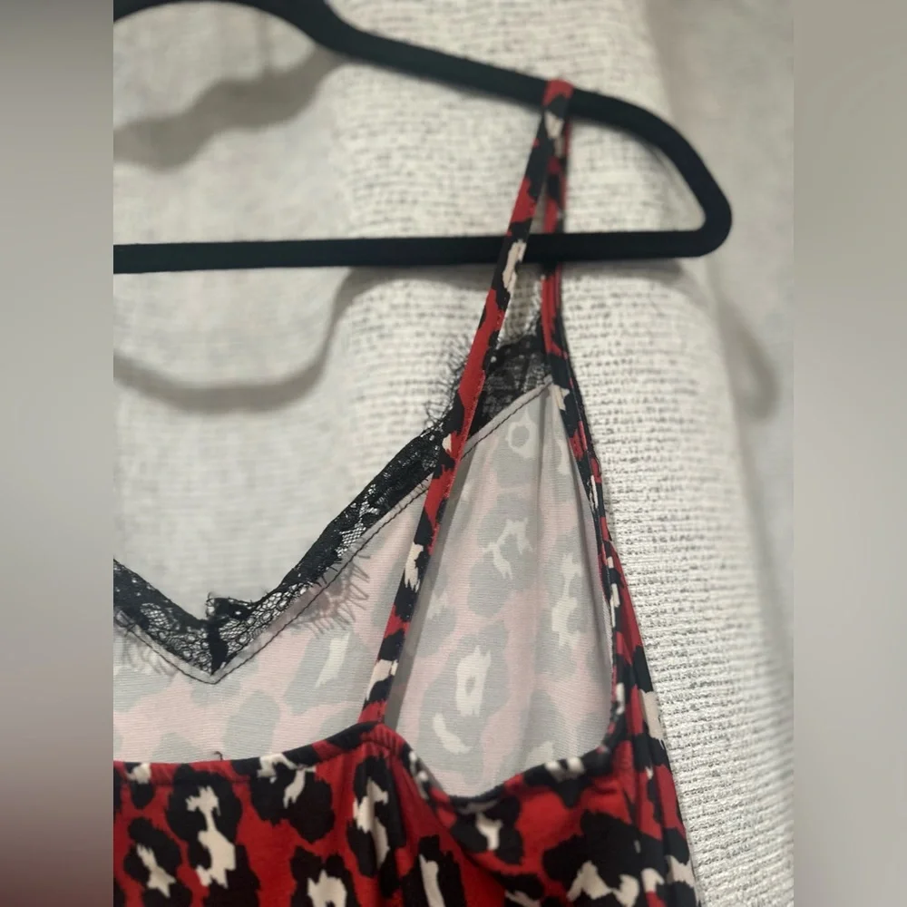Women’s ZARA Red Leopard Print Camisole Slip Dress Lace Stretch Midi Dress Small